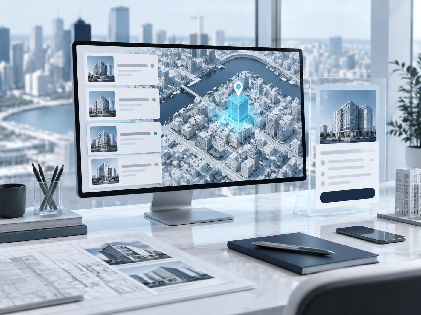Real estate listings screened on a city map